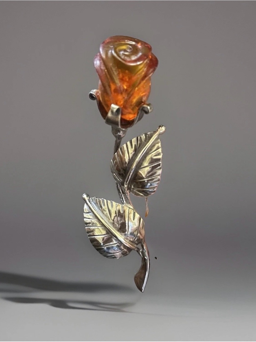 Vintage Sterling Silver Baltic Amber Carved Rose Brooch Pin Art Nouveau 13.30g